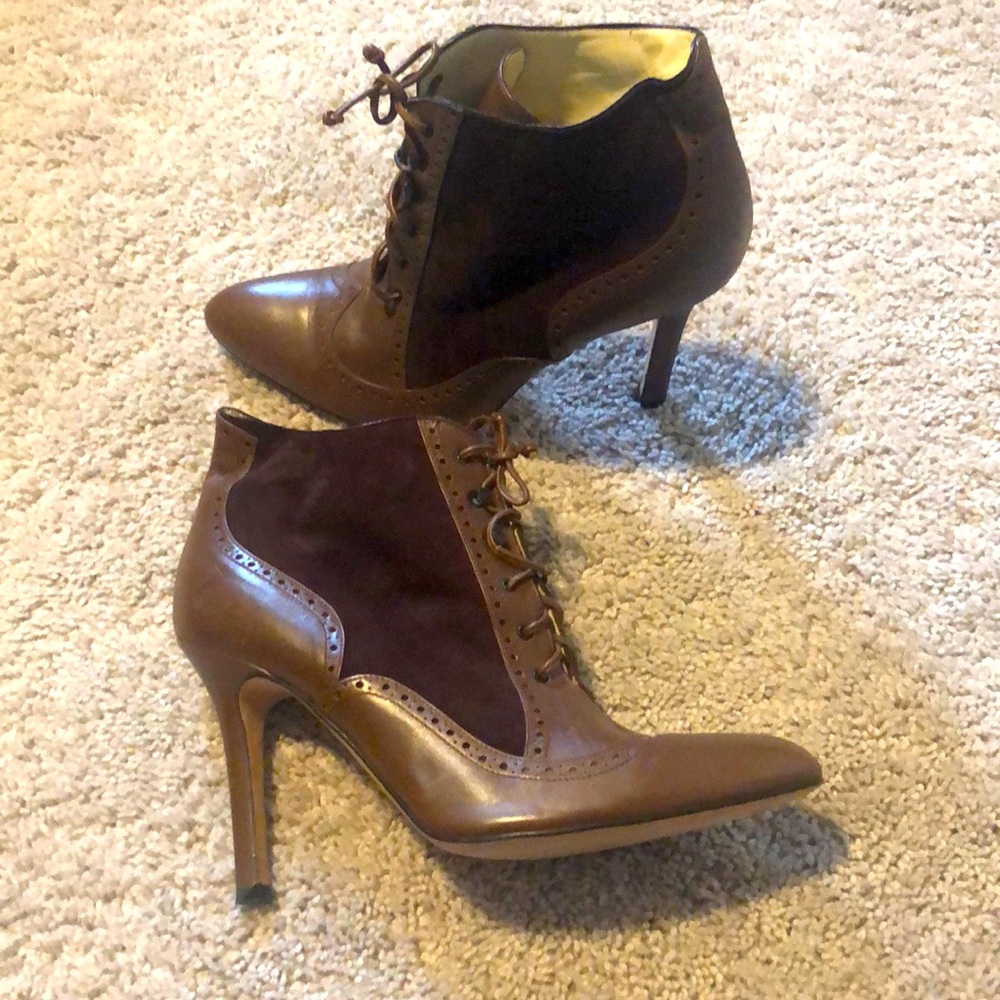 Brian Atwood brown leather suede boots.
